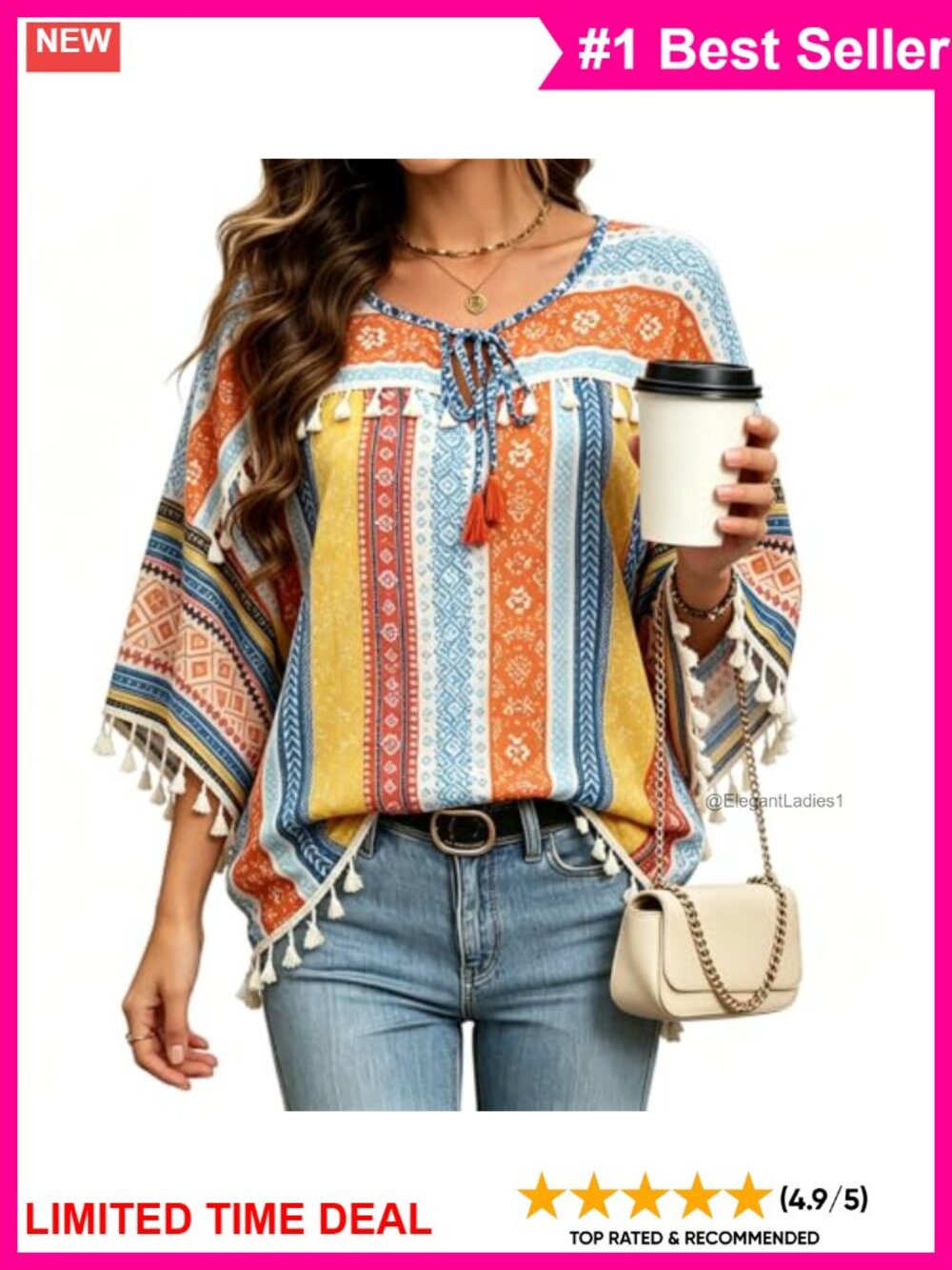 Boho Striped Bell Sleeve Tassel Tie Tunic Blouse